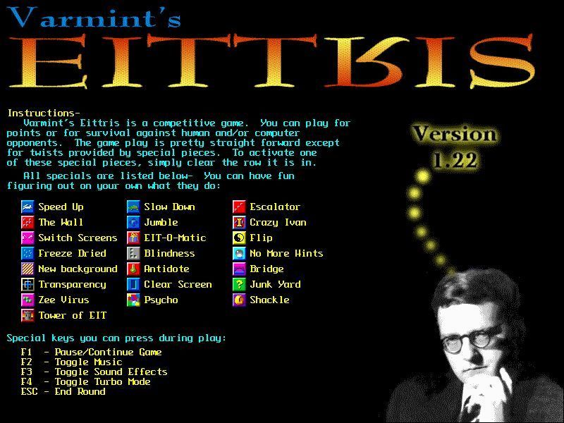 Varmint's Eittris (DOS) screenshot: There are many, many special blocks that make competitive play interesting