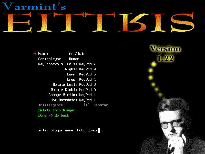 Varmint's Eittris (DOS) screenshot: Each player has their own action keys. They are pre-defined but both the keys and the names can be changed