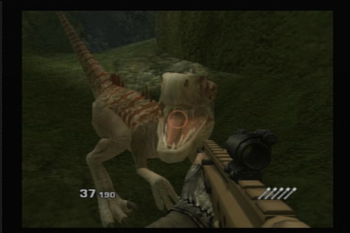 Jurassic: The Hunted (PlayStation 2) screenshot: In "Jurassic: The Hunted" you are pretty much a walking snack.