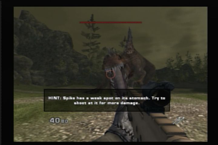 Jurassic: The Hunted (PlayStation 2) screenshot: I wonder if this hint can actually keep you from becoming his lunch.....