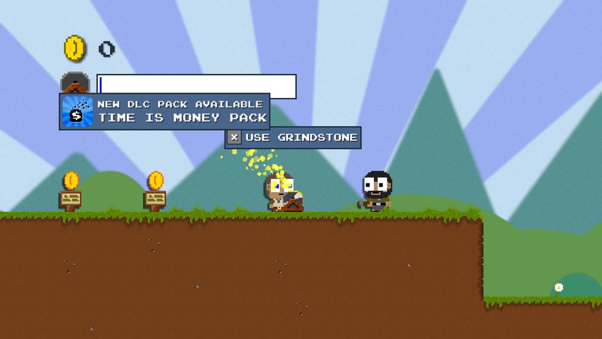 DLC Quest (Windows) screenshot: Use the grindstone 10,000 times to forge a sword. Or ... get a DLC pack.