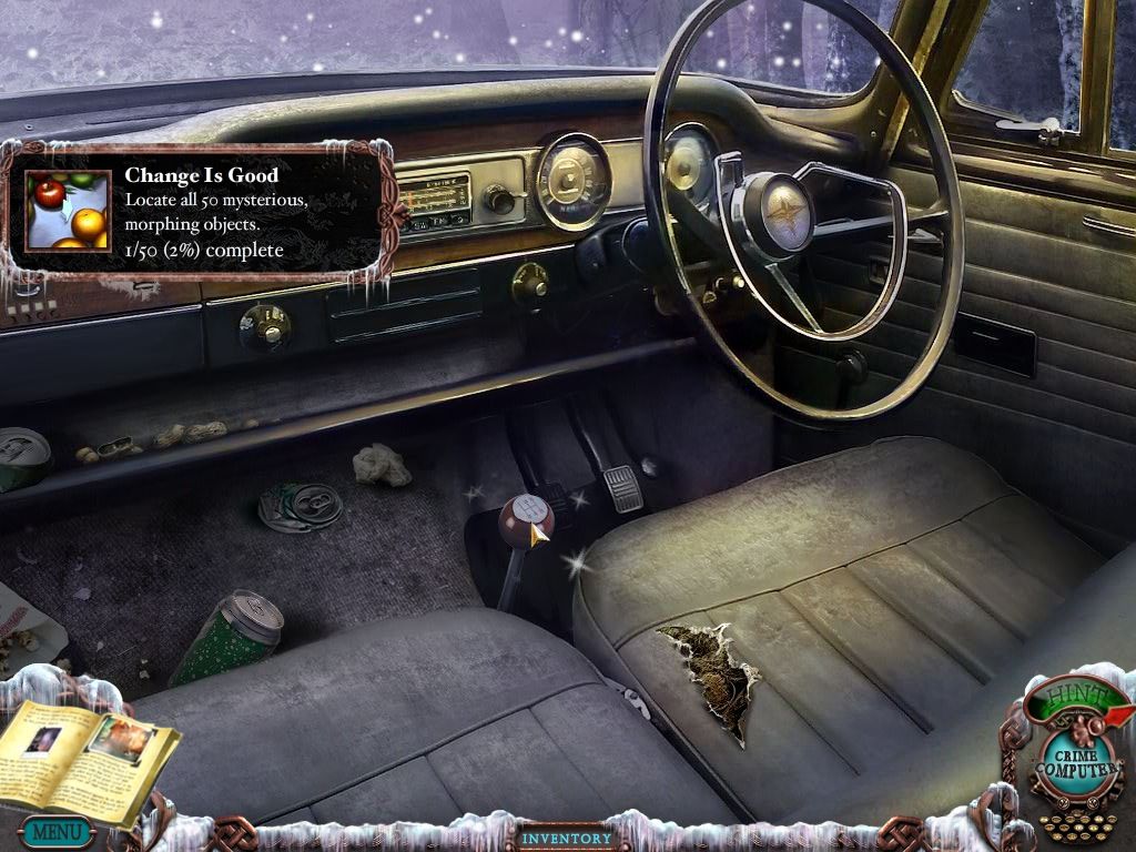 Mystery Case Files: Dire Grove (Collector's Edition) (Macintosh) screenshot: Inside the abandoned car - Earned an achievement