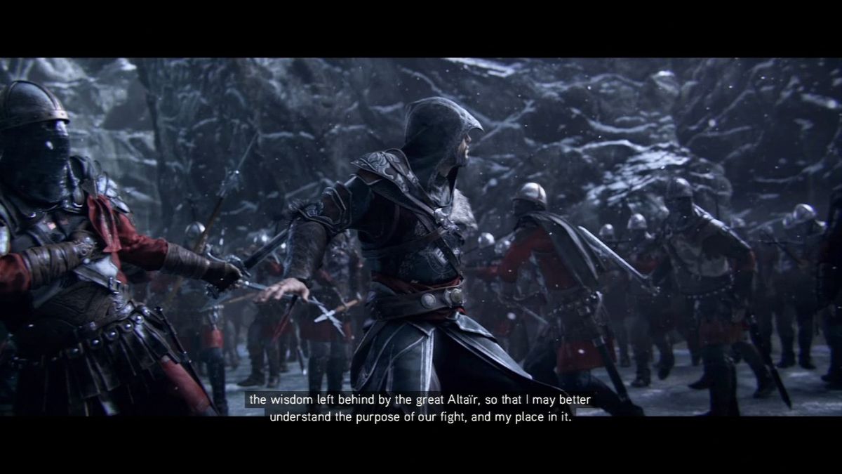 Assassin's Creed: Revelations (PlayStation 3) screenshot: Ezio fending on the ambush by the Templars at the foot of Masyaf.