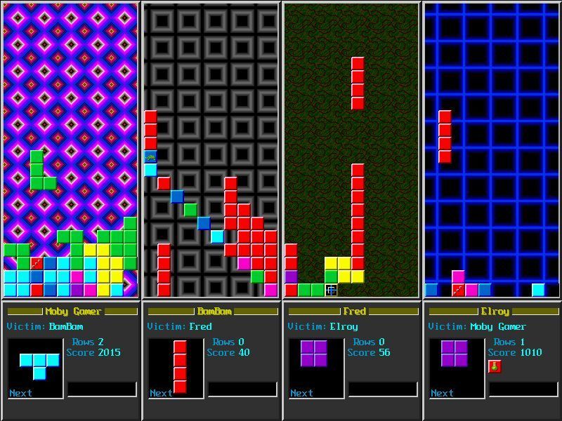 Varmint's Eittris (DOS) screenshot: ... the special block referred to in the previous screen shot has disappeared but another has appeared on row three.