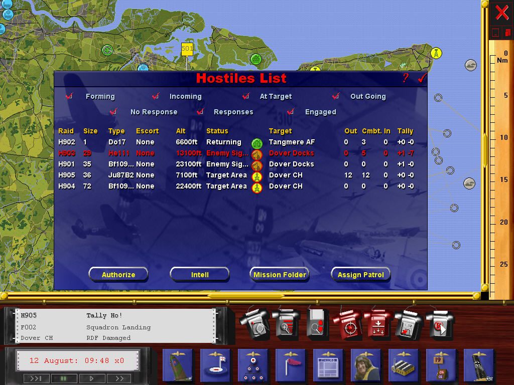 Battle of Britain II: Wings of Victory (Windows) screenshot: Hostiles List