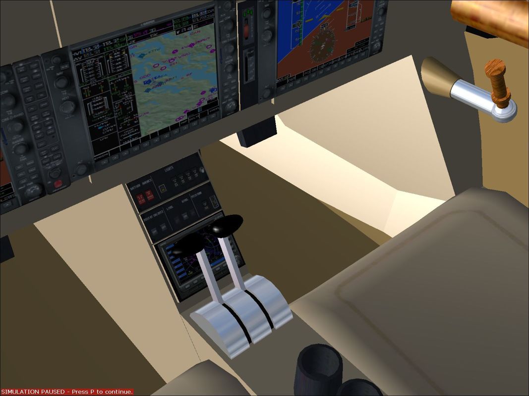 Aircraft: Collector's Edition (Windows) screenshot: The Maverick Leader's central console in virtual cockpit mode. Do they really have wooden joystick/control yokes?