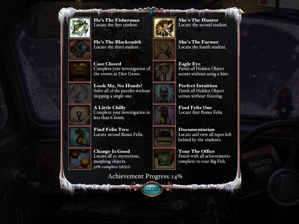 Mystery Case Files: Dire Grove (Collector's Edition) (Macintosh) screenshot: Collector's Edition has achievements as well