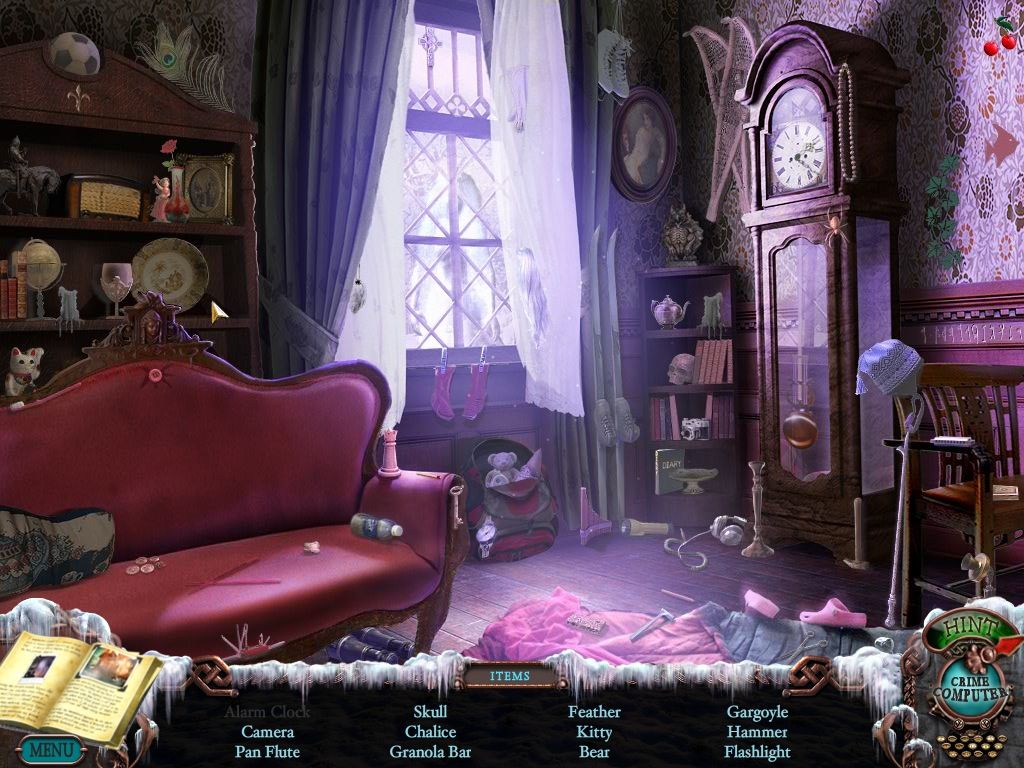 Mystery Case Files: Dire Grove (Collector's Edition) (Macintosh) screenshot: Living room area - objects -a ghost quickly appears and vanishes in the window