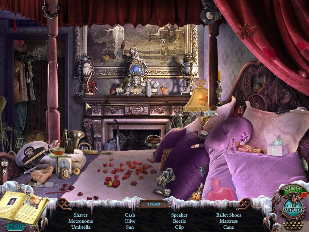 Mystery Case Files: Dire Grove (Collector's Edition) (Macintosh) screenshot: Upstairs Bedroom - objects