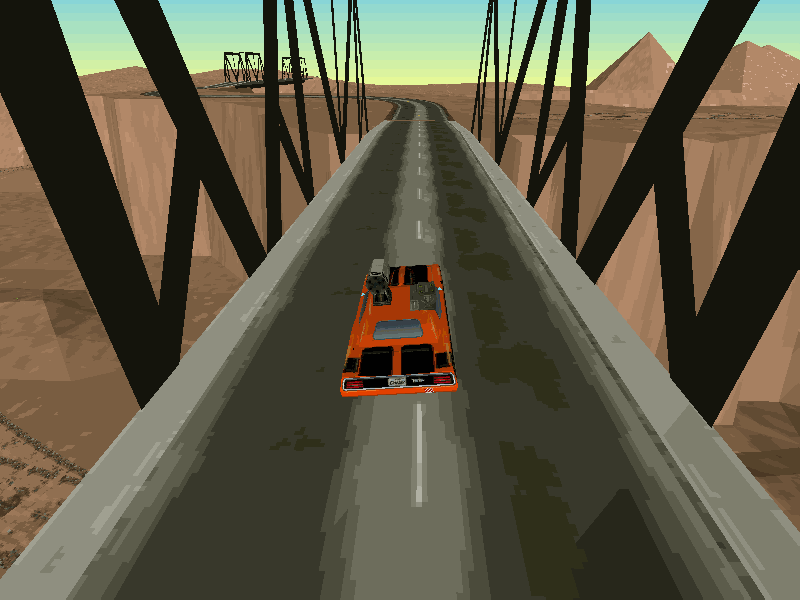 Interstate '76 (Windows) screenshot: Crossing the Pecos River, New Mexico. The settings of the missions are based on real-world locations