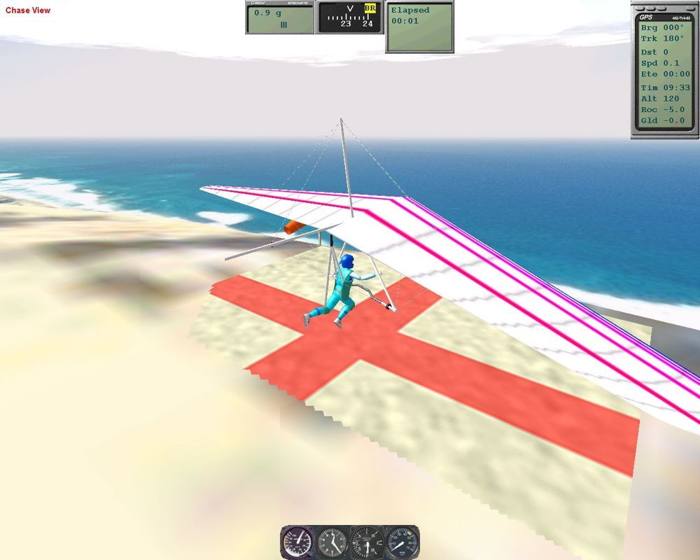 Hangsim (Windows) screenshot: The chase view of the Storm hang glider at point of launch
