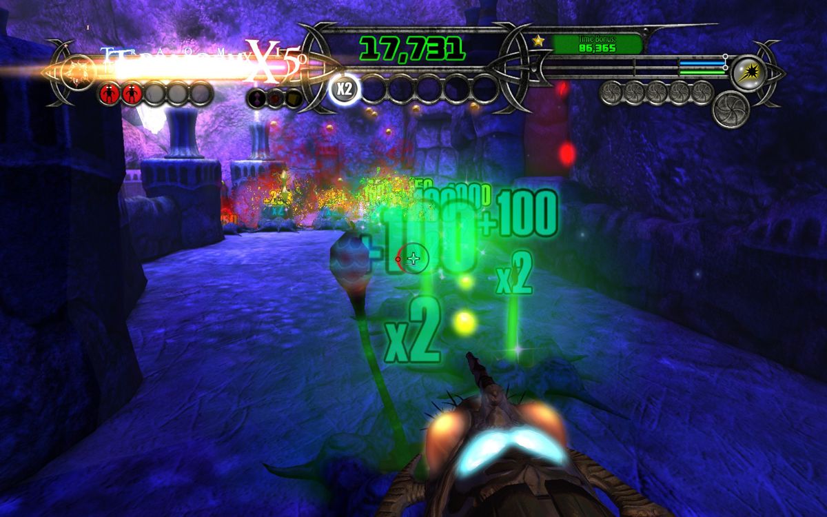 Xotic (Windows) screenshot: Creating a chain reaction by shooting at the scab plants