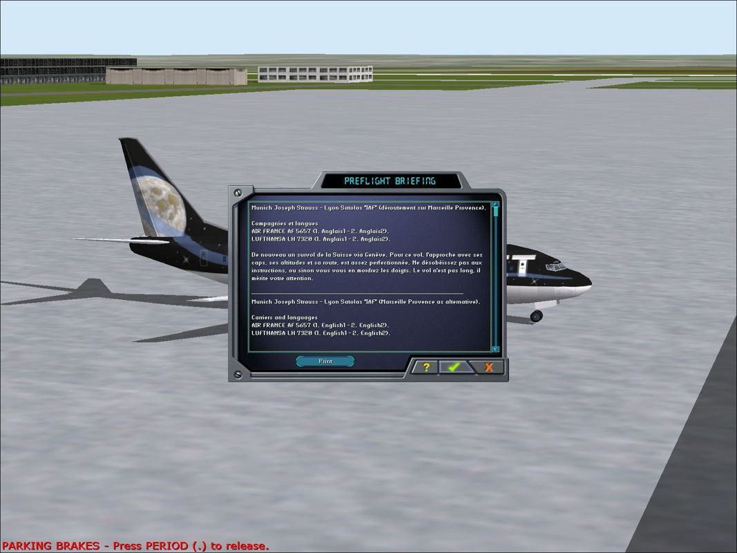 "Captain Speaking" (Windows) screenshot: The Adventures have pre-flight briefings in English, German & French