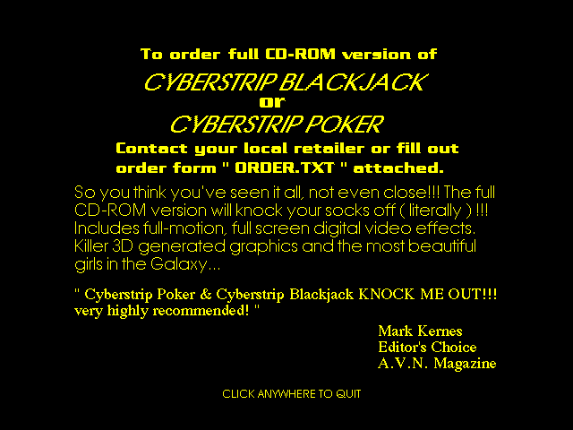 Cyberstrip Blackjack (Windows 3.x) screenshot: Order Screen/Ad (shareware version only).