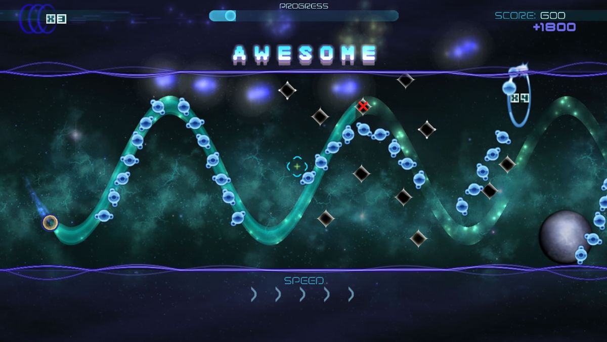 Waveform (Windows) screenshot: A single path often needs to be altered mid-way to get all the orbs.