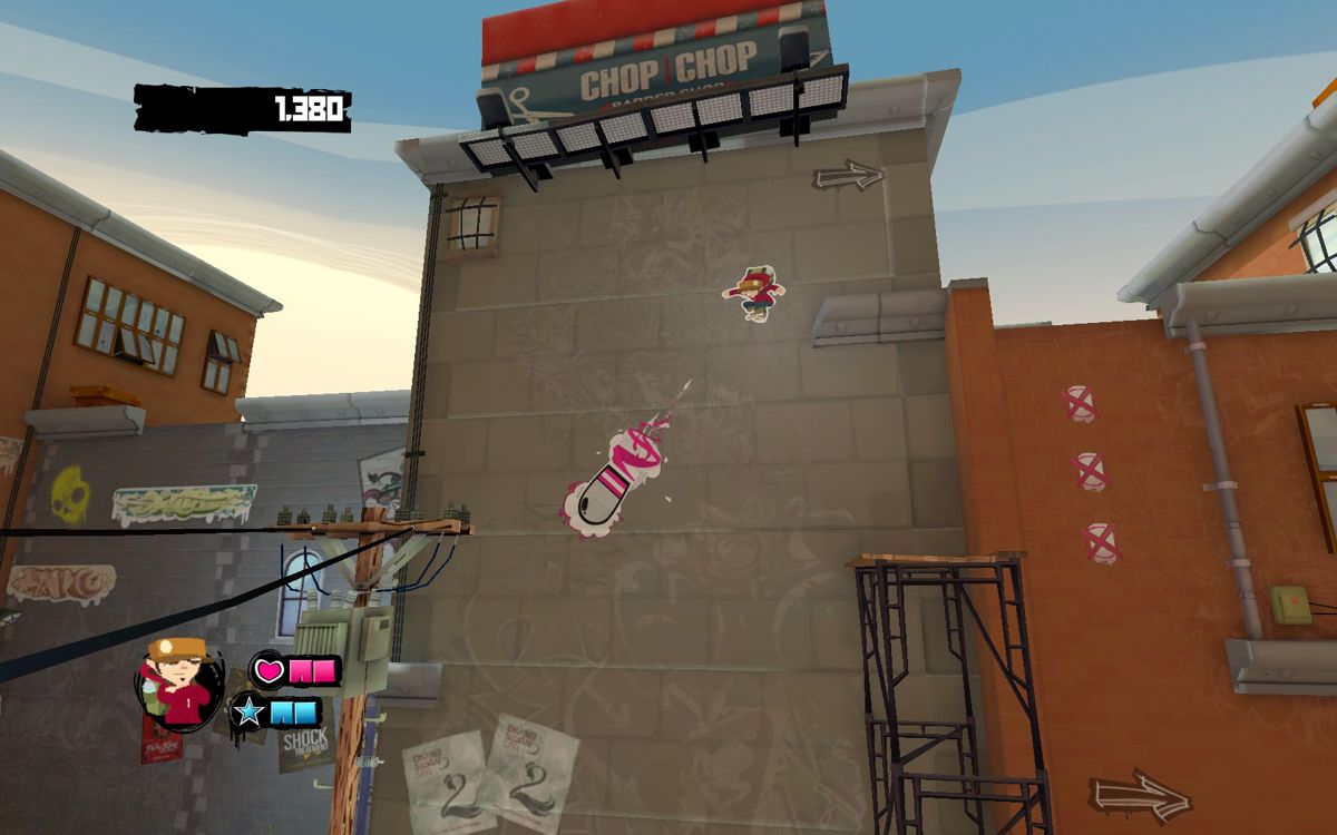 Sideway: New York (Windows) screenshot: Using a cannon to reach a platform.