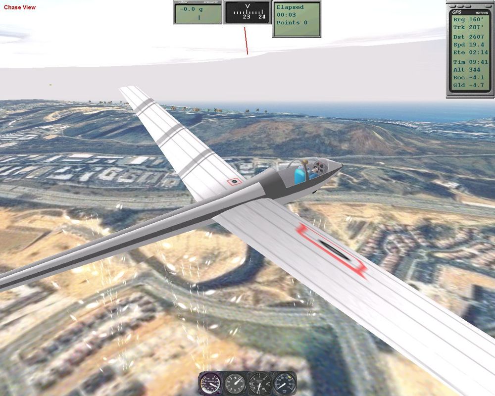 Hangsim (Windows) screenshot: The Hawk glider viewed in chase view mode