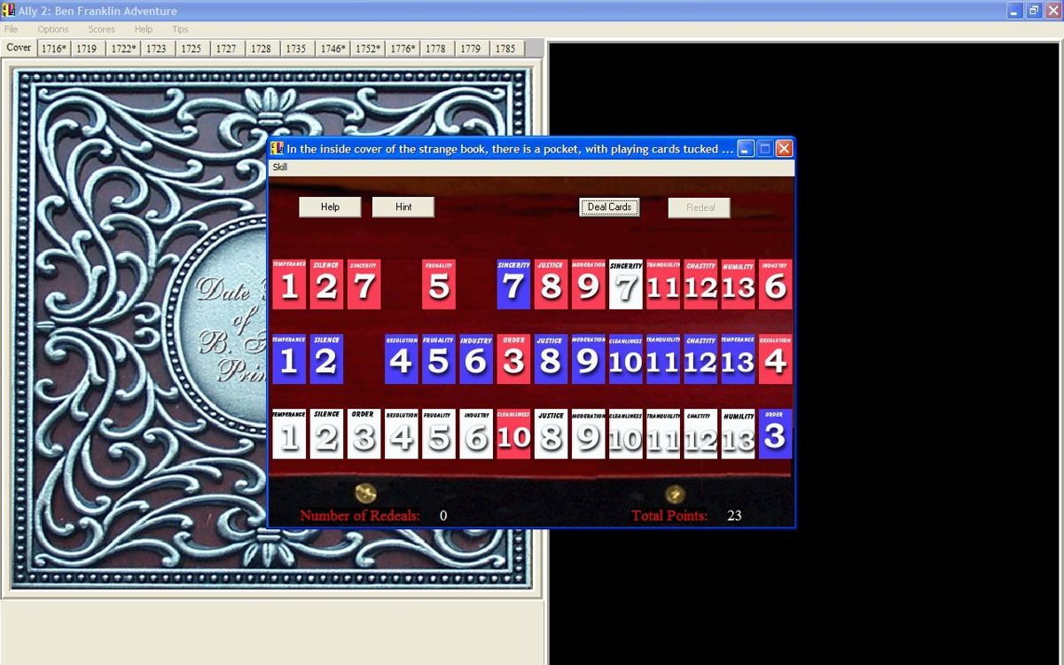 Ally 2: Ben Franklin Adventure (Windows) screenshot: This screenshot shows a card puzzle in play.