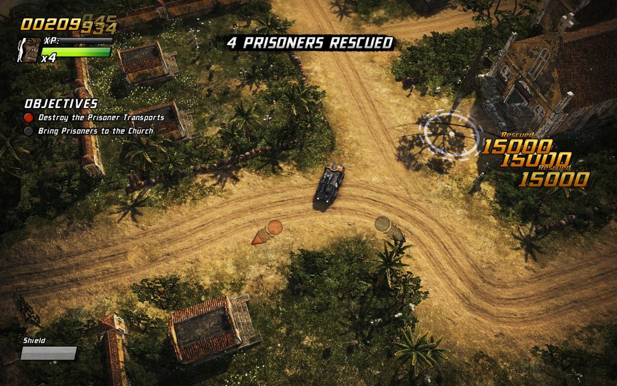 Renegade Ops (Windows) screenshot: Bringing prisoners back to the church will earn you more xp.