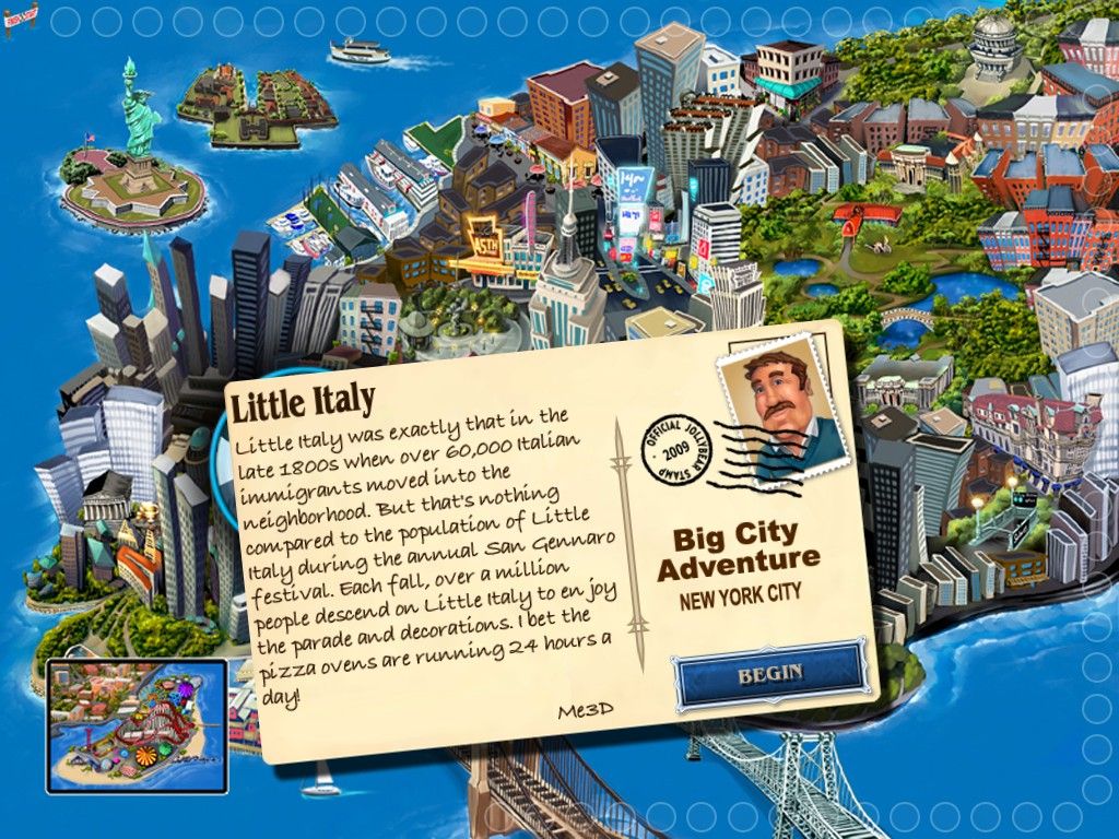 Big City Adventure: New York City (iPad) screenshot: Game start - postcard Little Italy