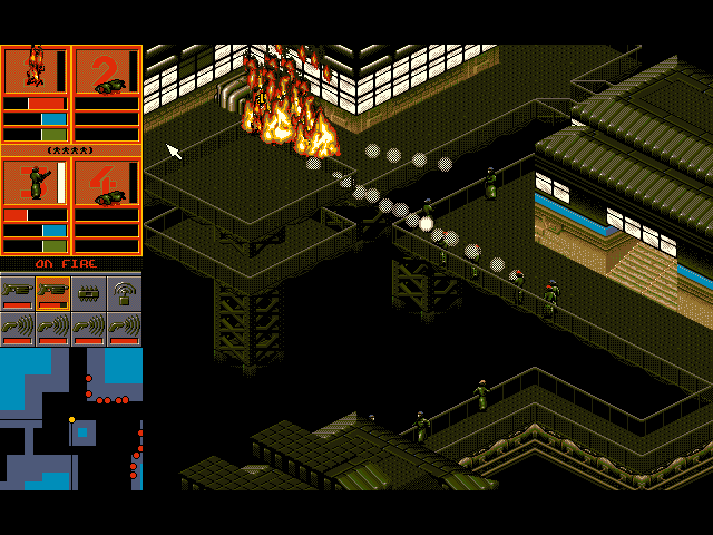 Syndicate: American Revolt (DOS) screenshot: Defending the Atlantic Accelerator against 56 enemy agents.