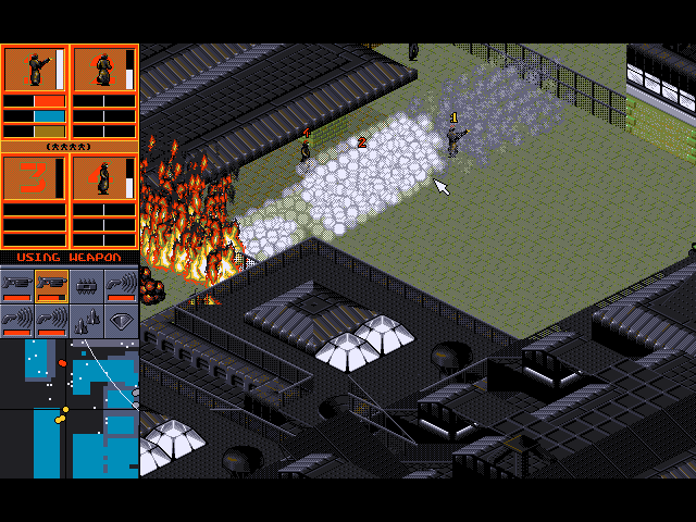 Syndicate: American Revolt (DOS) screenshot: Enemies frequently carry gauss launchers in the expansion.