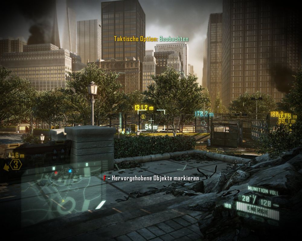 Crysis 2 (Windows) screenshot: The visor view shows various information like waypoints, ammo pickup locations etc.