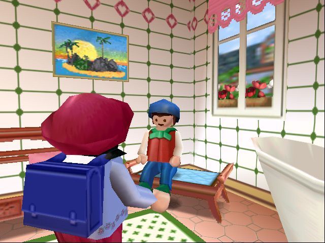 Laura's Happy Adventures (Windows) screenshot: Here's Laura's first customer. He's borrowed daddy's binoculars and lost them. He cries a lot and it's a relief to get away from him
