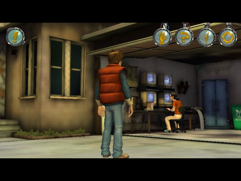 Back to the Future: The Game - Episode 3: Citizen Brown (iPad) screenshot: The McFly Residence and George in the garage reviewing monitor/camera feeds