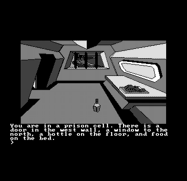 Oo-Topos (DOS) screenshot: Starting a new game in the prison cell (Hercules Monochrome)