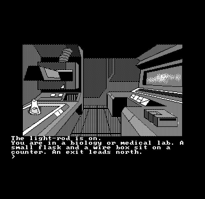Oo-Topos (DOS) screenshot: In the laboratory (Hercules Monochrome)
