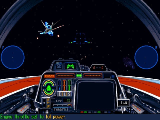 Star Wars: X-Wing - Collector's CD-ROM (Windows) screenshot: Damaged enemy assault gunboat is spinning in its doom.
