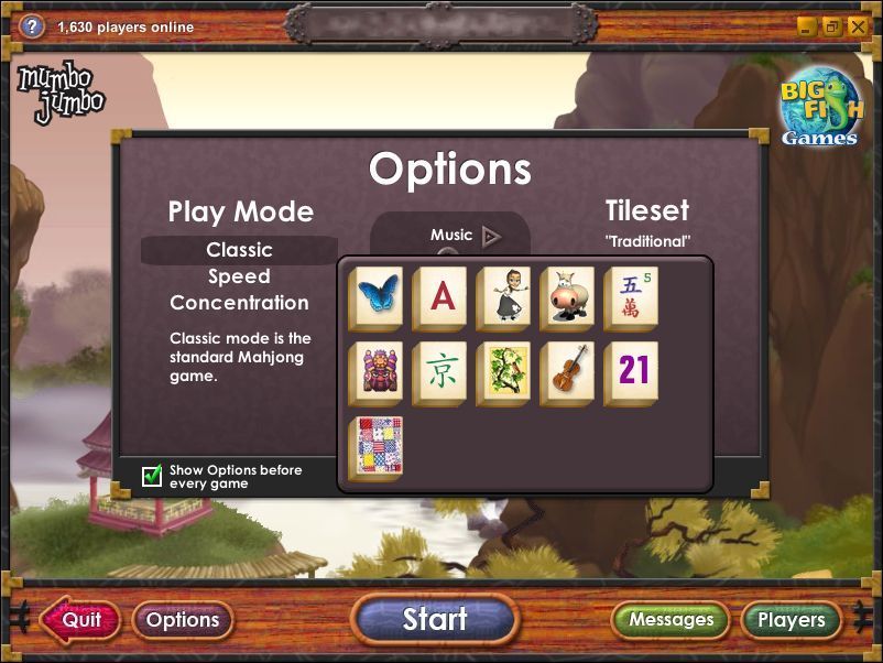 Mahjong Towers Eternity (Windows) screenshot: The Options screen. There are eleven tile sets, assorted background pictures and three game types.