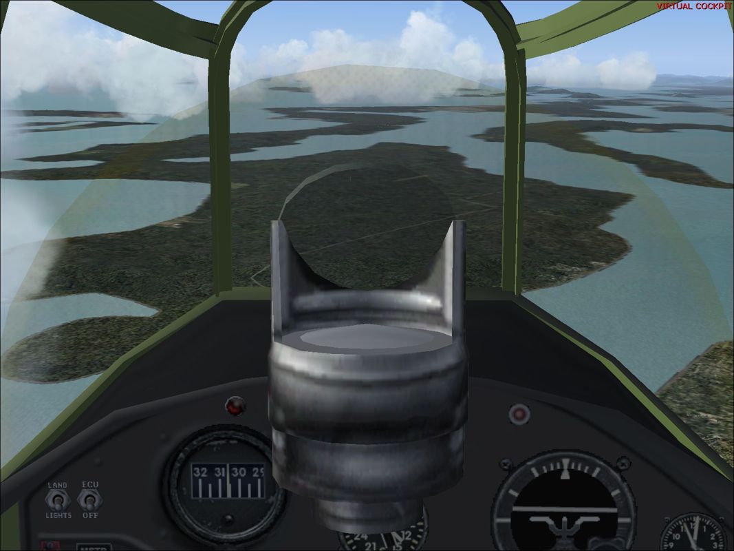 Combat Collectors: Second Edition (Windows) screenshot: The default view ahead in the F4F-4 Wildcat's virtual cockpit. The propeller arc is not a perfect circle.