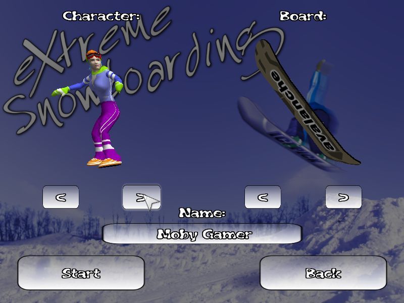 Extreme Snowboarding (Windows) screenshot: Prior to the game's start the player can enter their name and select a character and a suitable board.