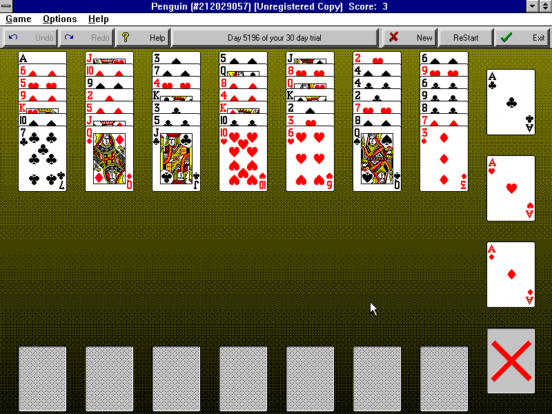 FreeCell Plus (Windows 3.x) screenshot: Penguin (on version 2.1) only found on FreeCell Plus 2.0 or later.