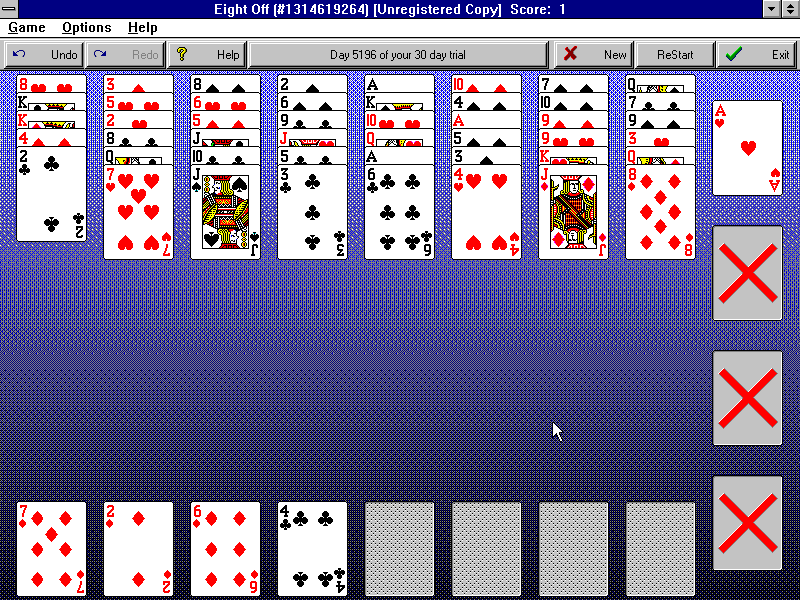 FreeCell Plus (Windows 3.x) screenshot: Eight Off (on version 2.1) only found on FreeCell Plus 2.0 or later.
