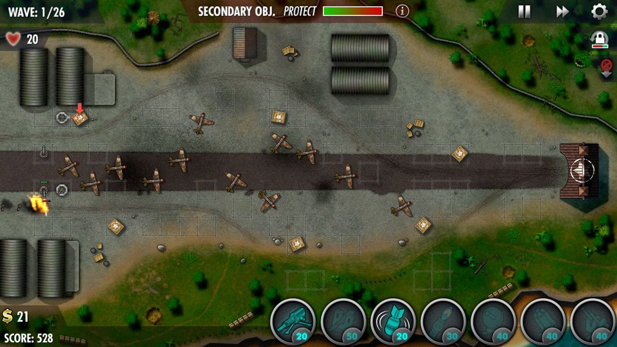 iBomber Defense: Pacific (Windows) screenshot: Flame throwers will slow down the enemy.