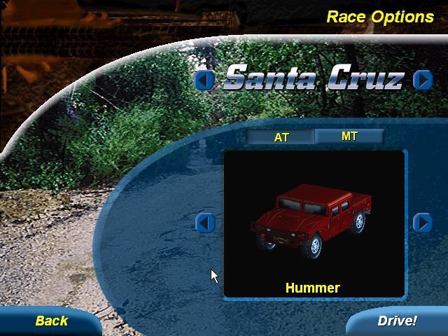 Test Drive: Off-Road 2 (Windows) screenshot: Car selection. Clicking on the arrows at the side of the picture switches between cars switches between cars. In the demo only the Hummer is available.