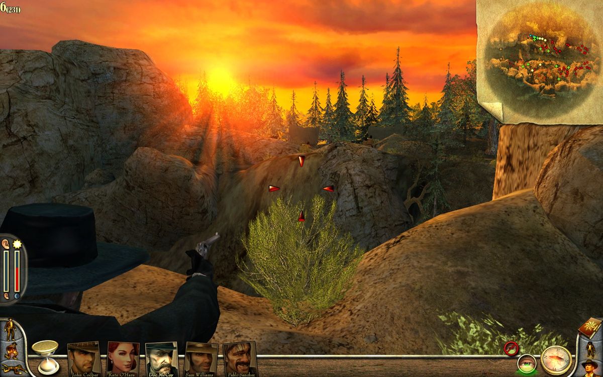 Desperados 2: Cooper's Revenge (Windows) screenshot: Indians are attacking the caravan... but they're out of range for a gun.