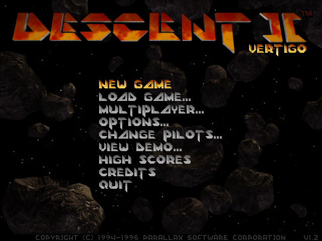 Descent II: The Infinite Abyss (DOS) screenshot: Main menu. Note the "Vertigo" subtitle.