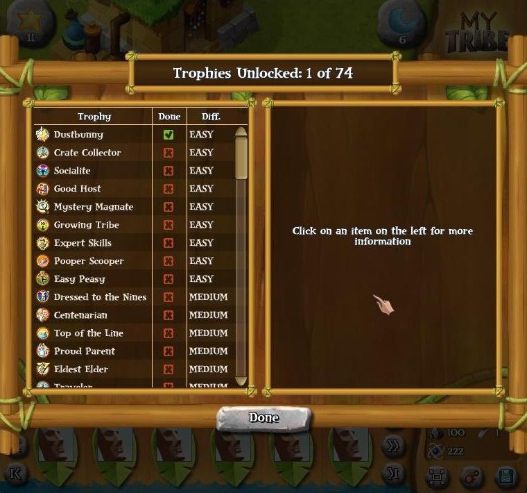 My Tribe (Browser) screenshot: The trophy list.