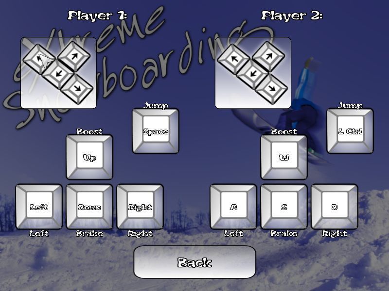 Extreme Snowboarding (Windows) screenshot: The action keys for either player can be changed but the controller remains the keyboard.