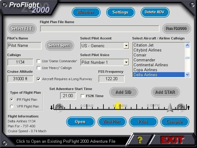AETI ProFlight 2000 (Windows) screenshot: The main ProFlight 2000 window.