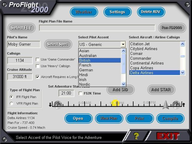 AETI ProFlight 2000 (Windows) screenshot: From the main window the player can select the accent of their pilot from a large number of options