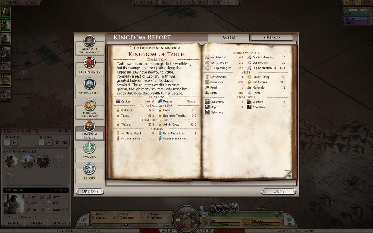 Elemental: War of Magic (Windows) screenshot: Your kingdom report