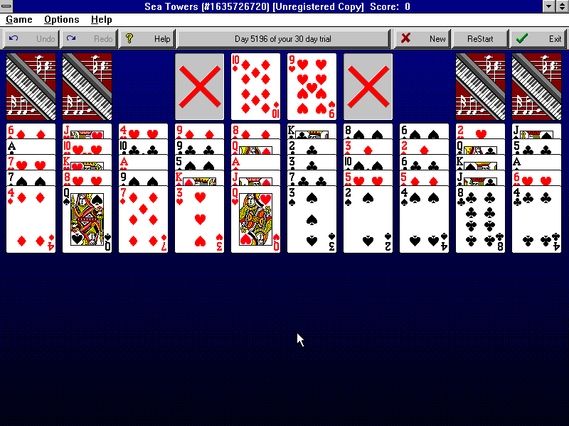 FreeCell Plus (Windows 3.x) screenshot: Sea Towers (on version 2.1)