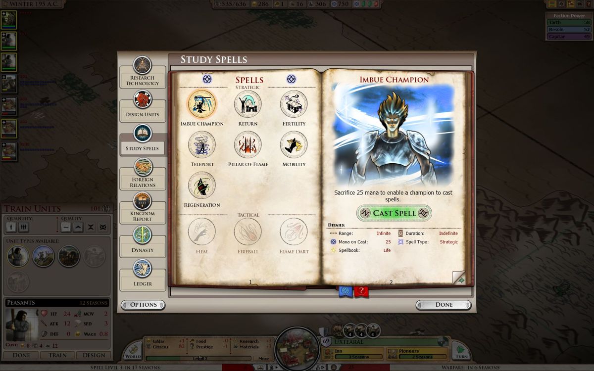Elemental: War of Magic (Windows) screenshot: The weakest point of the game, you will use maybe three spells in a whole game (imbue champion, teleport and an attack spell) the rest has no use