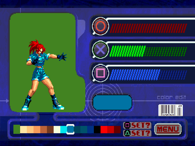 The King of Fighters '99: Millennium Battle (PlayStation) screenshot: Color Edit mode, you can change the colors of each character, for example, you can modify this character onto Orochi Leona skin
