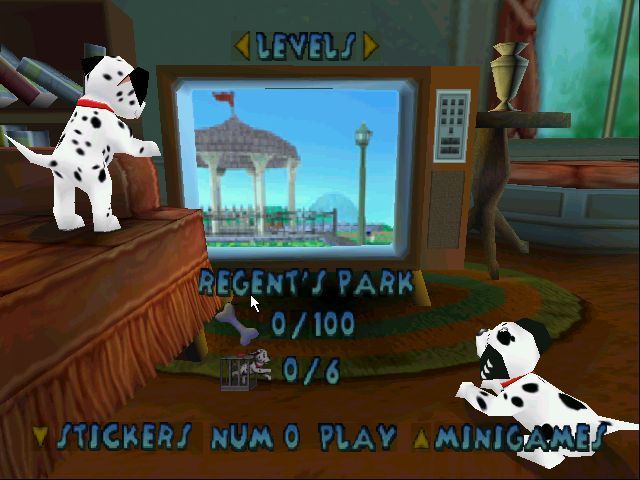 Disney's 102 Dalmatians: Puppies to the Rescue (Windows) screenshot: The game's menu. Left/right arrows switch between levels. Up/down arrows switch between the main game, mini games, options etc